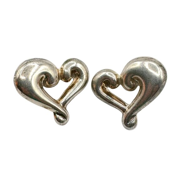 Vintage Sterling Silver Artisan Modernist Semi Puffy Heart Sculpture Earrings - Picture 1 of 3